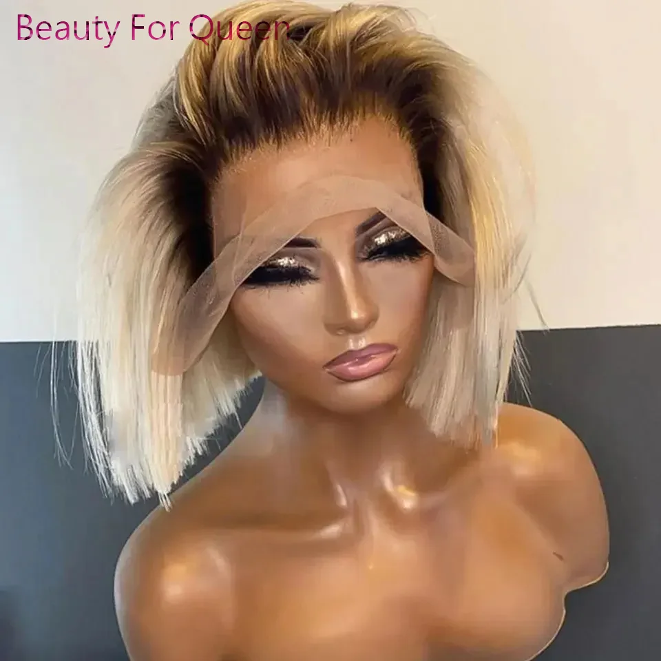 Ombre Blonde Короткий Боб Парик Фронта Шнурка Человеческих Волос Парики Для Женщин Прямой 180% Плотность Темные Корни Бесклеевой 13x6 Парик Фронта Шнурка