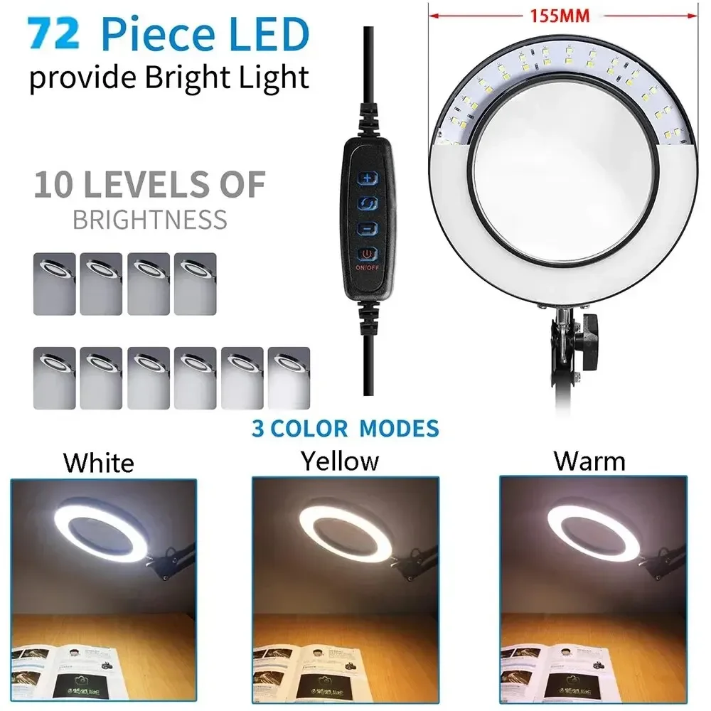 Lupa LED de 3 colores 72LED 8X/10X nueva lupa iluminada USB para reparación de soldador/lámpara de mesa/belleza para el cuidado de la piel