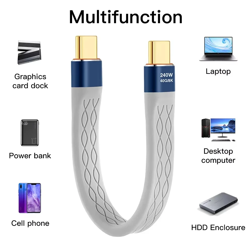 Cable corto USB C a USB C de 240W, Cable tipo C de carga rápida, transferencia de datos de 40Gbps, Cable de extensión de carga de datos FPC plano y delgado de 8K ﻿