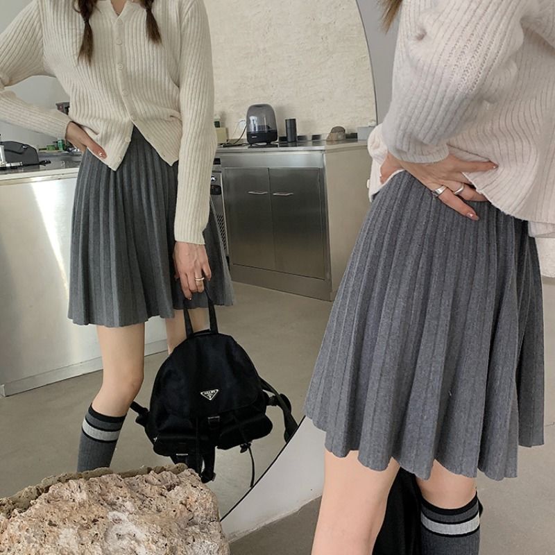 Frühling Süße Gestrickte Rock Frauen Casual Plissee Hohe Taille A-line Mini Weiblichen Rock Weiß Koreanische Mit Elastische Adrette Rock