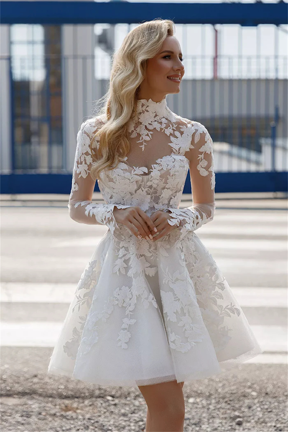 Sheer Illusionคอเต็มแขนลูกไม้Appliqueชุดแต่งงานสั้นCustom Made 2024 Vestido De Noiva