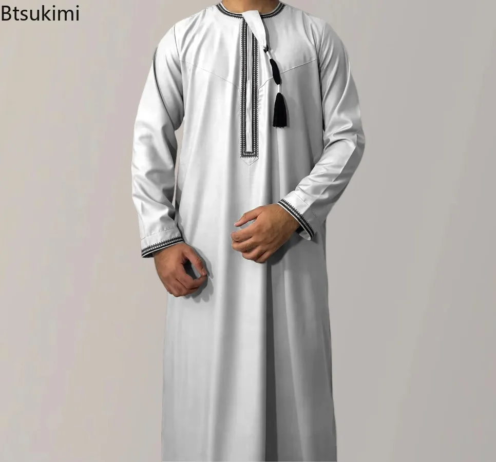 Novo 2025 masculino muçulmano abayas vestido de manga comprida pulôver kaftan robe masculino jubba thobe paquistão árabe saudita caftan roupas islâmicas
