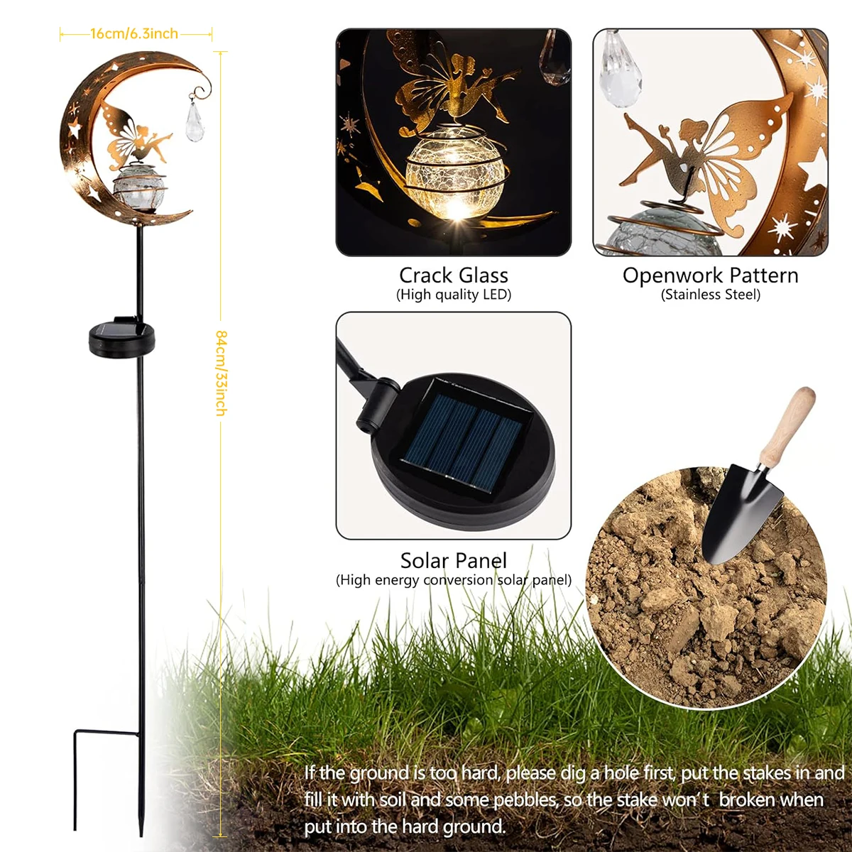 Decoração Solar ao ar livre Luz, Lua Fairy Lamp, Crackle Glass Globe com Angel, Pathway Stake, Ground Light