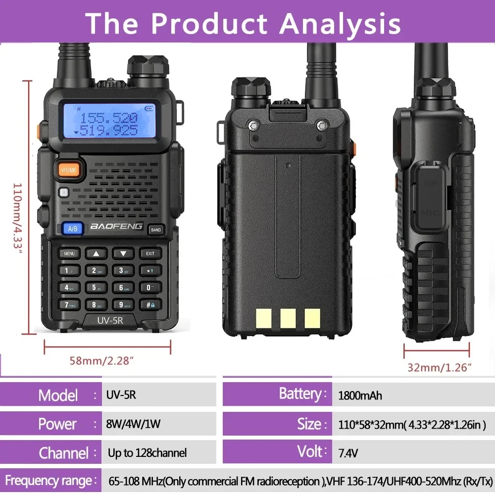 1PC/2PCS Baofeng UV-5R USB Long Range Ham Amateur With FM Radio Long Range Portable Two Way Radio Baofeng CB Radio Walkie Tal