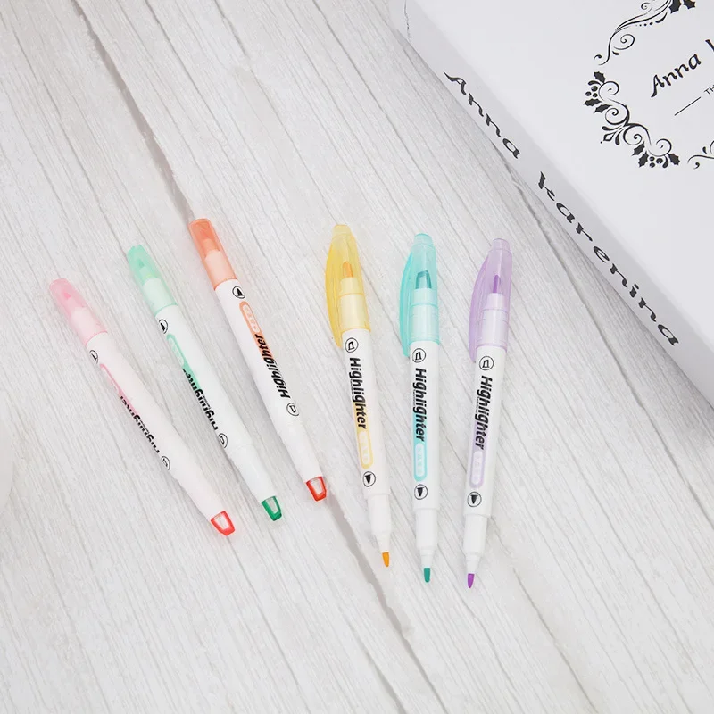 6 Colors/Set Double Head Pastel Highlighter Pens Unique Window Tip Midline Markers for School Stationery Supplies