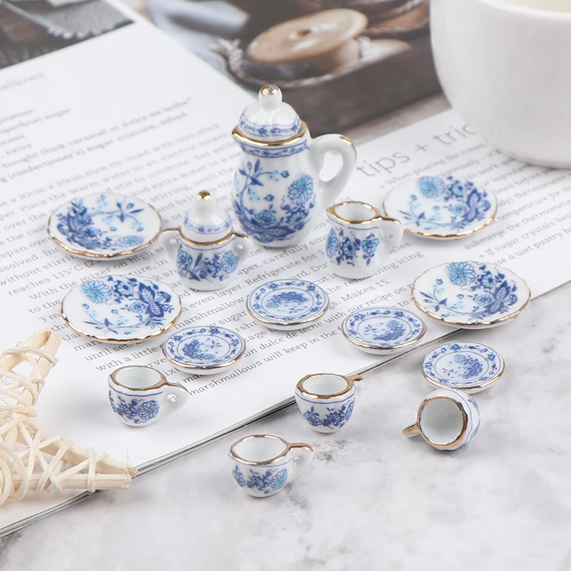 15 ชิ้น 1:12 Dollhouse Miniature Tableware Porcelain เซรามิคชุดถ้วยชา