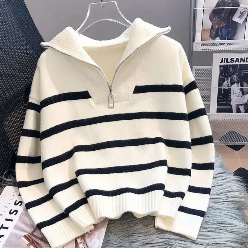 Pullover Pullover Frauen Frühling und Herbst Unterwäsche Neue Reißverschluss Streifen Unterlage kurzen Stil beliebte Premium Pullover weiblich