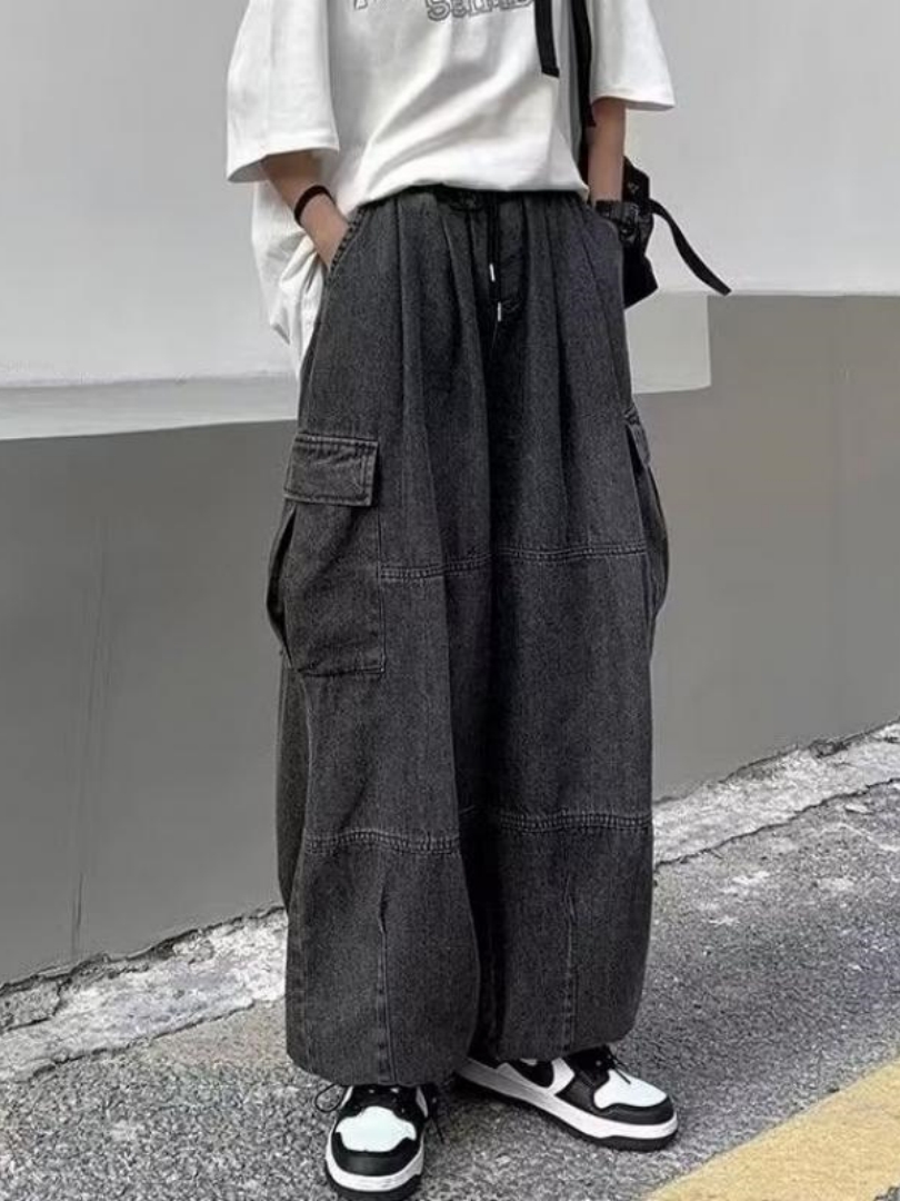 2024 primavera otoño hombres pantalones vaqueros holgados hombres pantalones de pierna ancha bolsillos grandes cintura elástica ropa de calle pantalones vaqueros sueltos masculinos