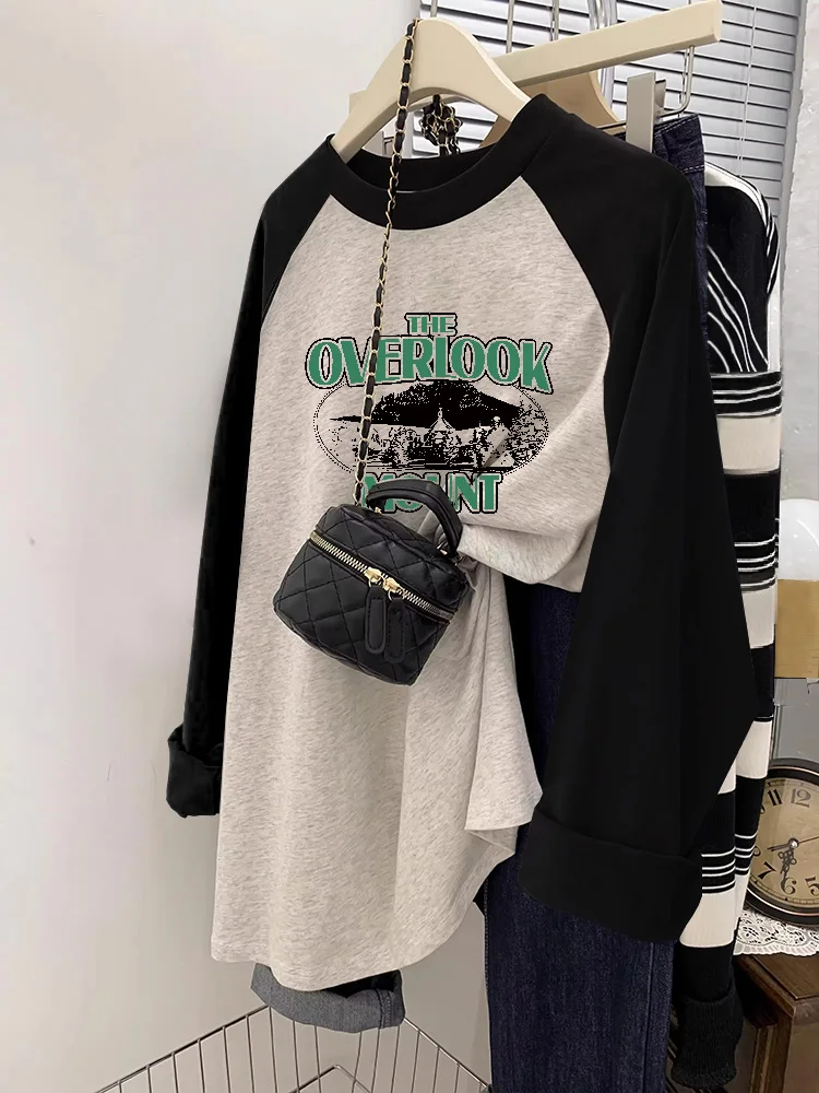 オーバーサイズレイジースタイル長袖レディース Tシャツピュアコットンベースシャツカラーブロックデザインカジュアルルーズフィットサマープリントトップ