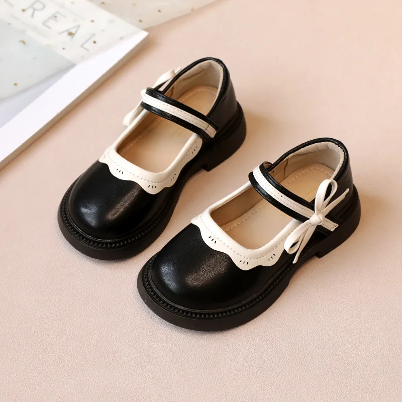 Otoño nuevos zapatos de cuero para niña pajarita negro Beige escuela casual niños planos elegantes punta redonda moda Patchwork niños Mary Janes