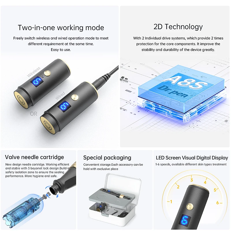 Dr pen a8s sem fio misroneedles derma caneta a8 com 32 peças cartuchos de agulha dr caneta 6 velocidade digital máquina de beleza