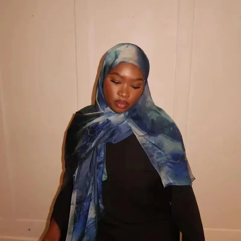 180*85 センチメートルプレミアムオンブル大理石ウォータープリントショールヒジャーブスカーフイスラム教徒エスニック女性シフォンシルクバンダナプリントヒジャーブ