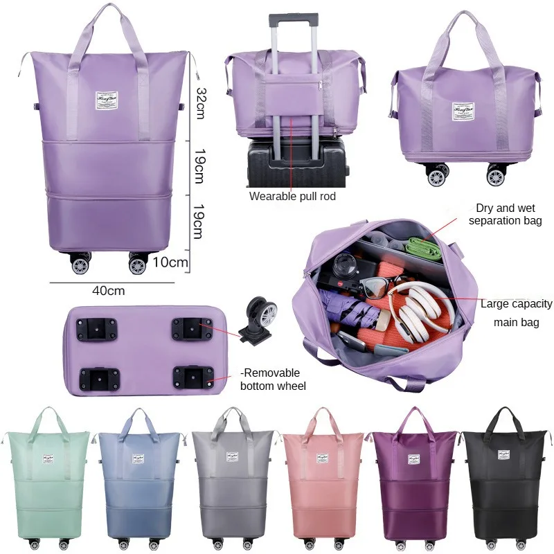 Bagagem expansível com roda universal, grande capacidade, separação seca e molhada, armazenamento, viagem, fitness, bagagem leve