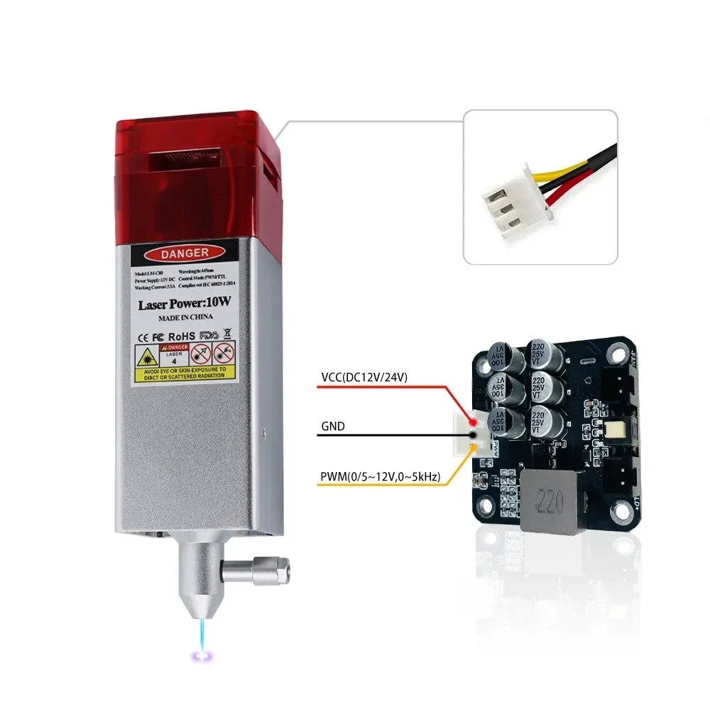 Módulo láser C80 con asistencia de aire, potencia de salida óptica de 10W, cabezal láser azul de 450nm TTL/PWM para máquinas herramientas de corte láser CNC