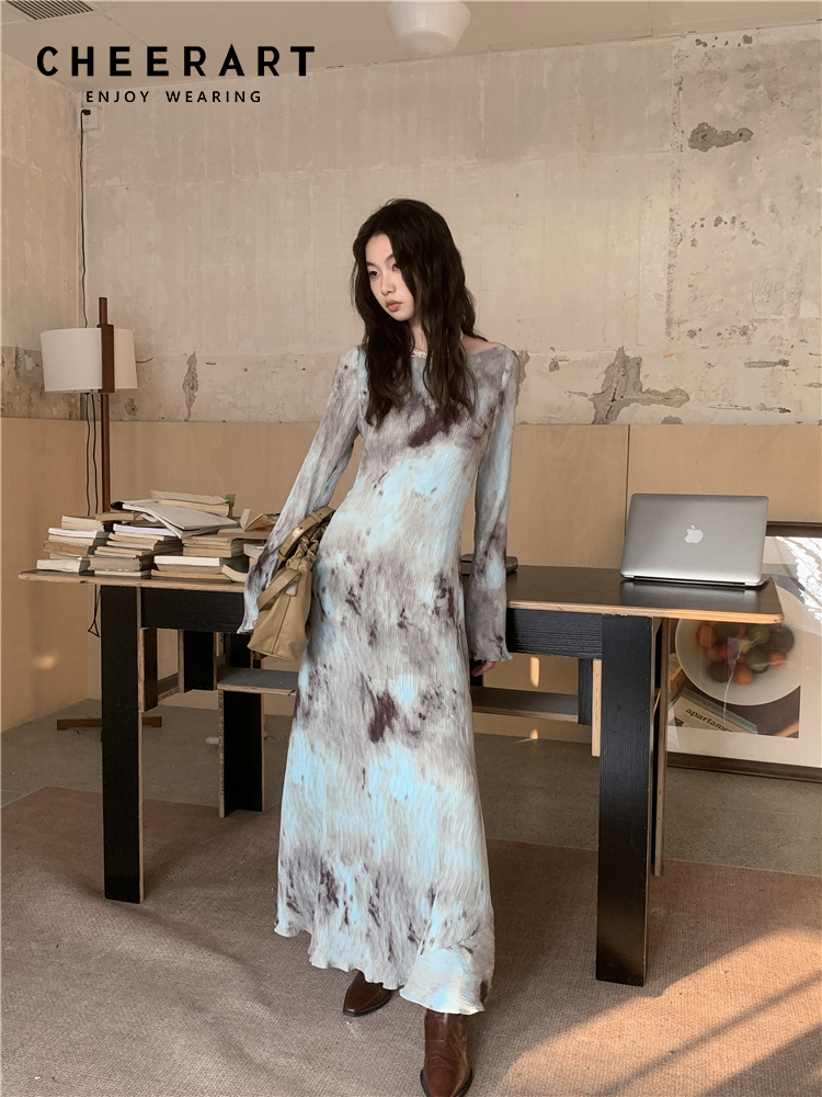 CHEERART-Vestido largo plisado de diseñador para mujer, maxivestido francés de manga larga acampanada, ropa de otoño