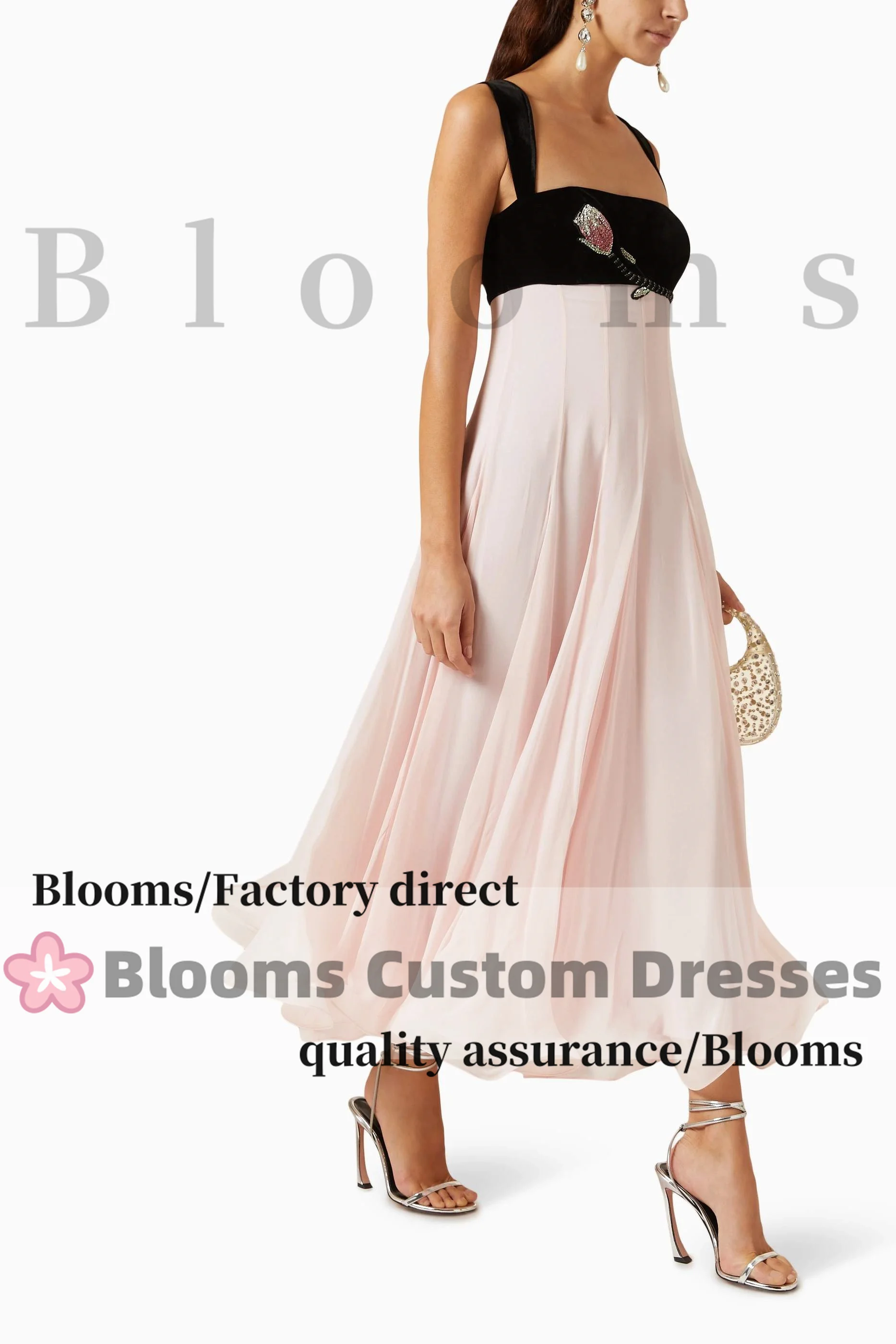 Blooms ที่กําหนดเองกํามะหยี่สีดําสีชมพูชีฟองดอกไม้คริสตัลชุดราตรีแขนกุดหวานพรหมชุดวันเกิดพรรคอย่างเป็นทางการชุด
