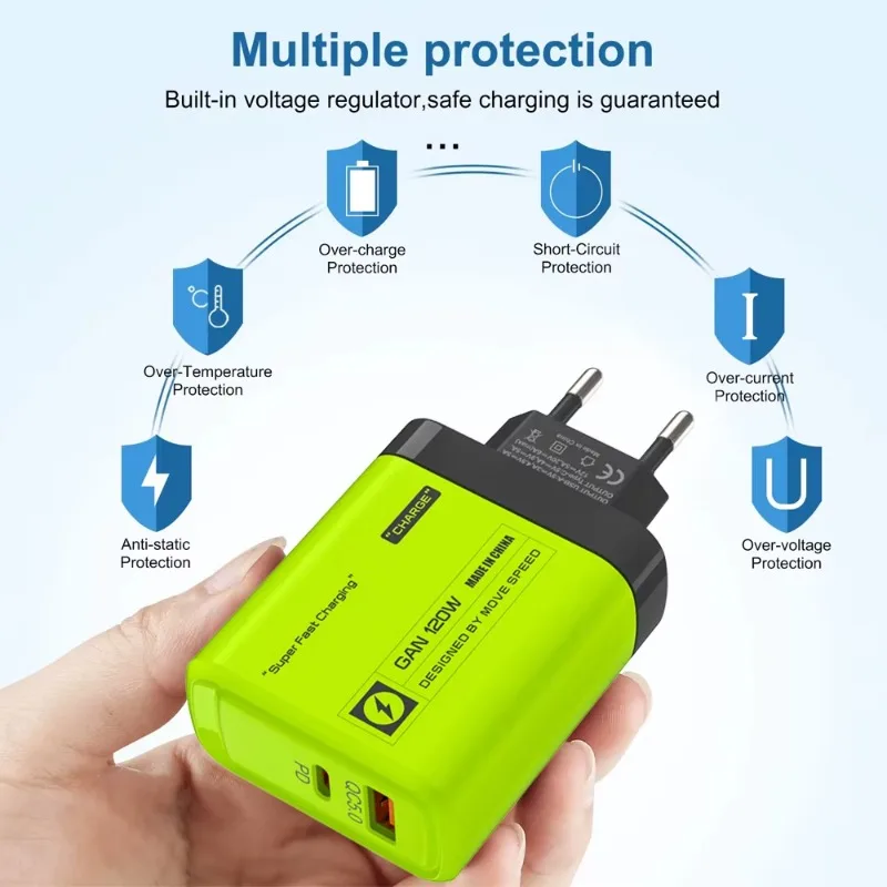 120W USB C 2Ports Charger Kit Green Wall Plug EU/US Adapter Fast Charging For iPhone iPad Samsung Xiaomi USB Type C Data Cables
