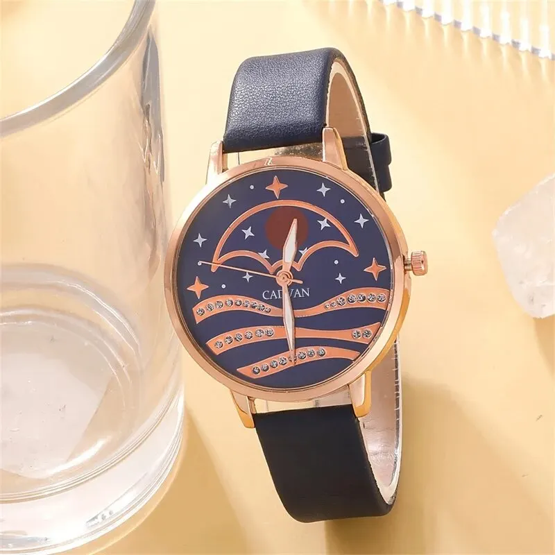 女性用クォーツ時計セット,女性用腕時計,moon dial,高級ブランド,デザイン,シンプル,女性用時計,ファッショナブル,5個