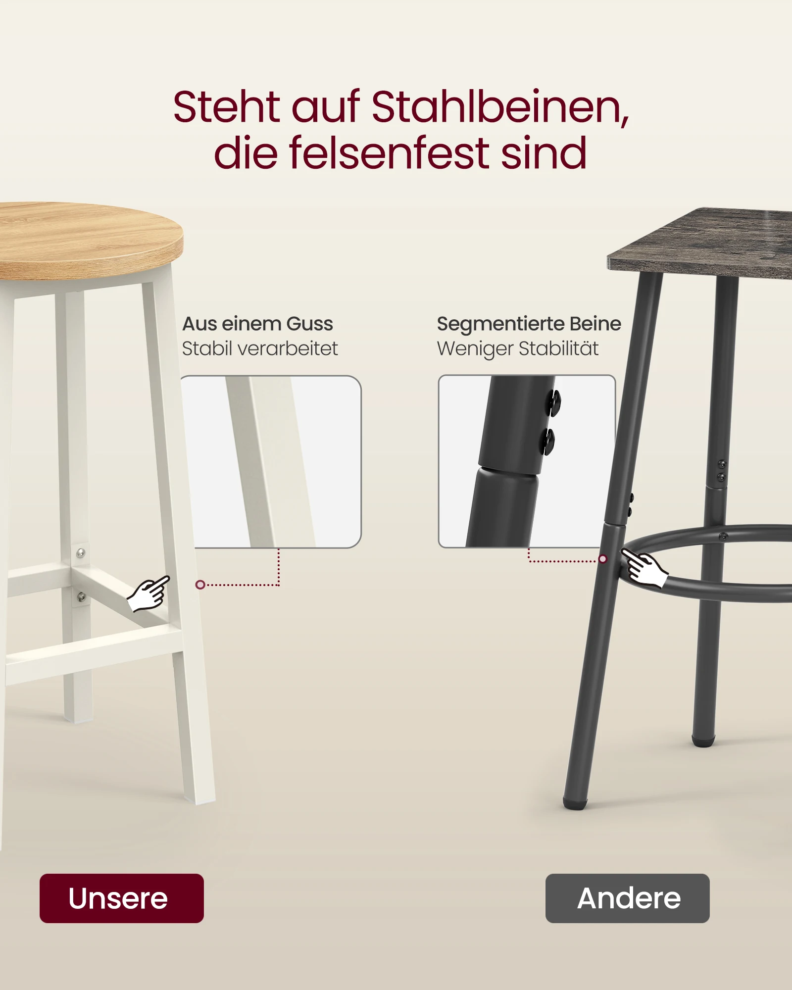 VASAGLE Barhocker Barstühle (Set, 2 St), Barhocker, 2er Set, Barstühle, 65cm/74cm