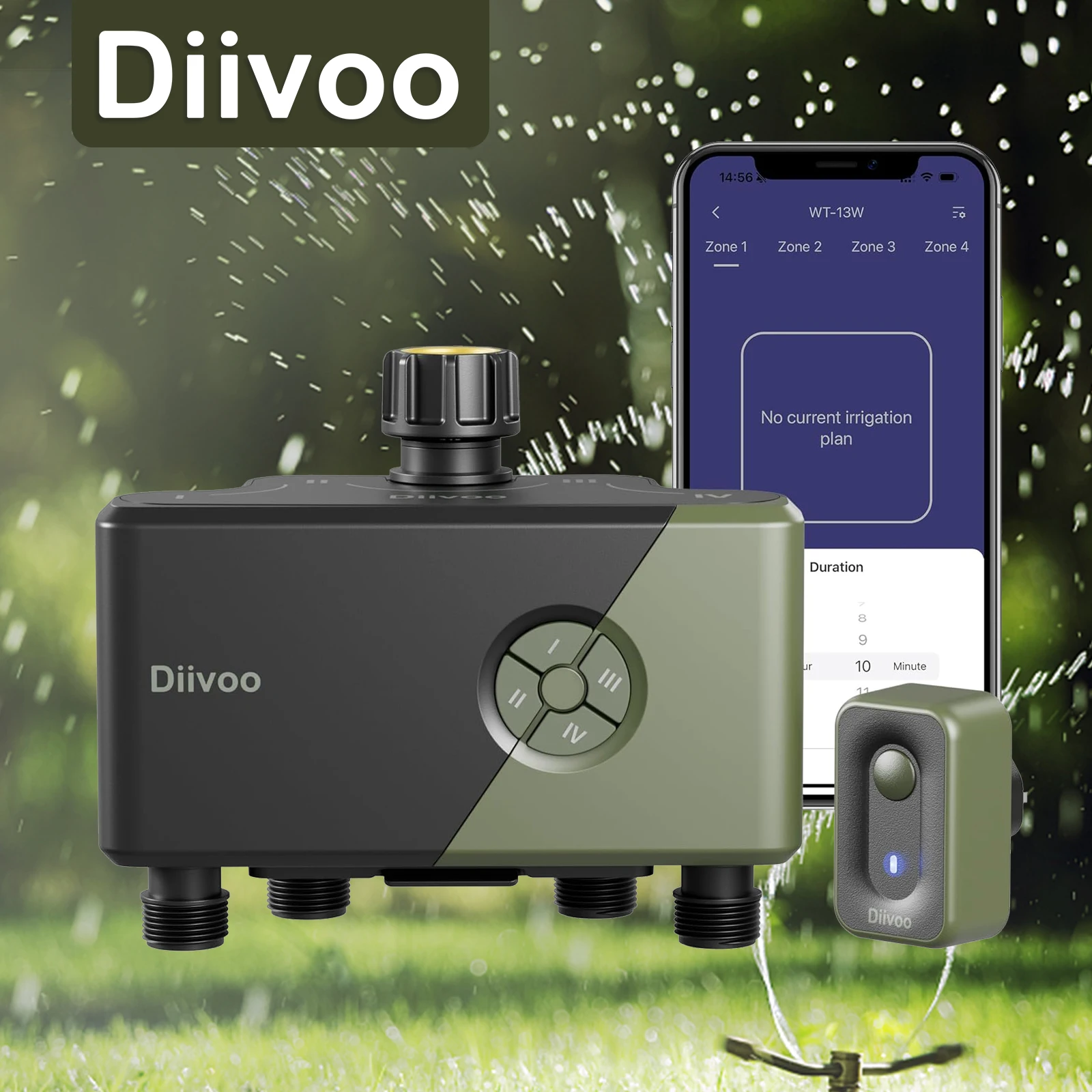 Diivoo-temporizador de agua WiFi para jardín, temporizador de riego automático de 3/4 zonas, controlador de sistemas de riego con retardo de lluvia, riego Manual