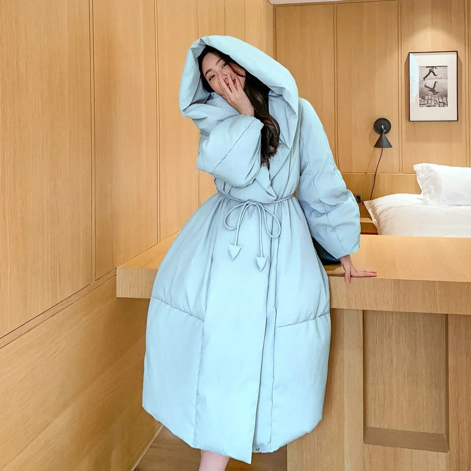 女性のための白いダックダウンコート,膝の長さ,ルーズ,レースアップ,防風フード,暖かいパーカー,新しいファッション,冬,S-5XL