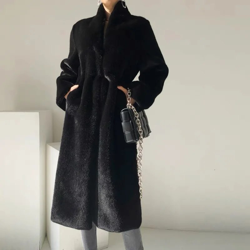 Mäntel für Damen, Kunstpelz, Stehkragen, mittellang, langer Mantel, dick, Maxi, warm, dick, offener Stich, elegante Herbst-Winter-Schwarzjacken