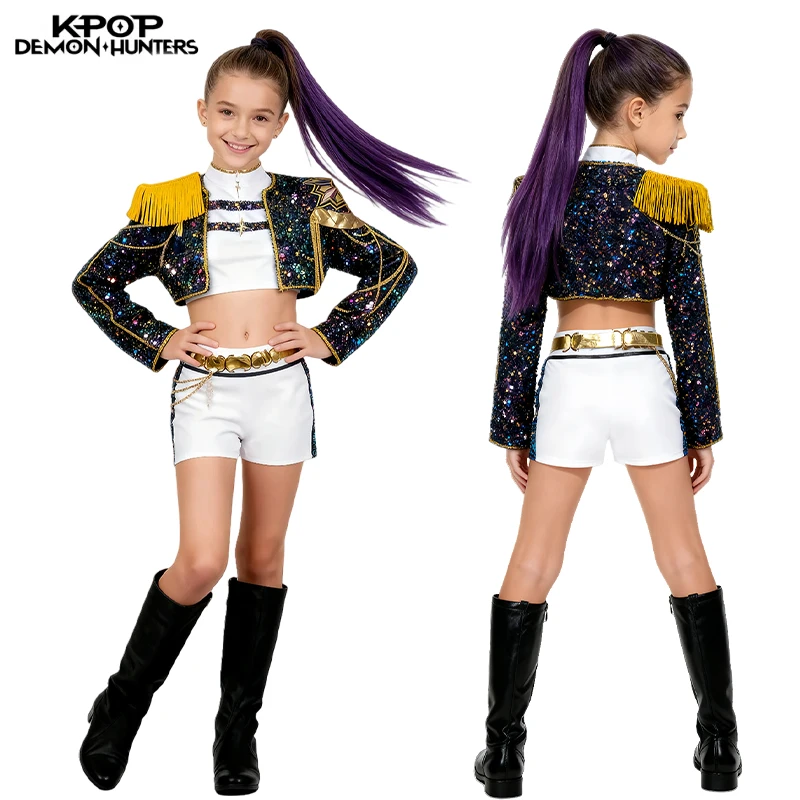 Children Girls Movie Kpop Mira Cosplay Costume Print Demon Hunters Zoey Rumi Cosplay Carnival Show Clothes Kids Girl Huntrix Set