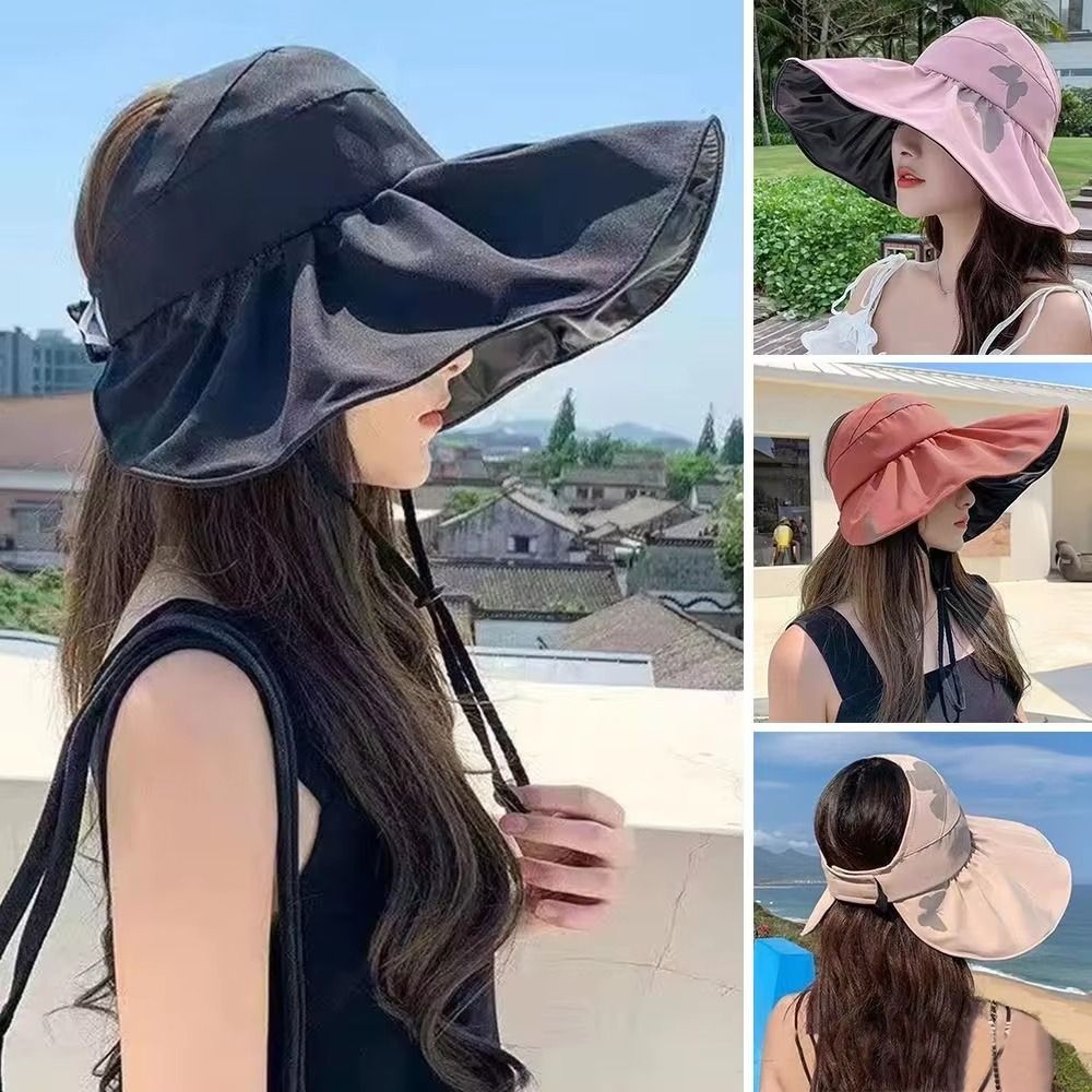 UV Protection Large Visor Sun Hat Empty Top Wide Brim Summer Sun Cap Korean Style Adjustable Sunscreen Bucket Hat Beach