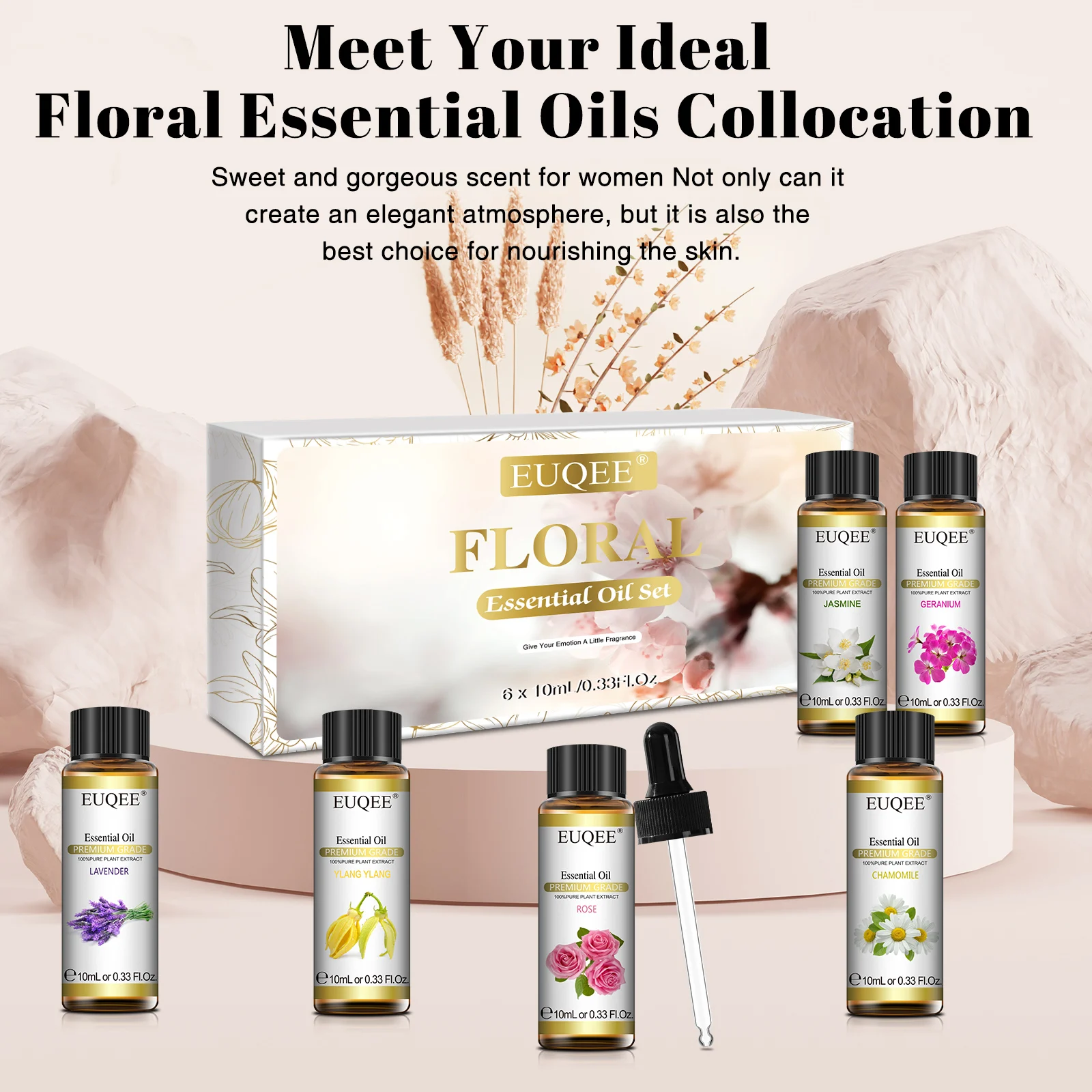 EUQEE 6 ขวด Floral Series ชุดน้ํามันหอมระเหยสําหรับ Diffuser เทียนทํา-Rose Lavender Ylang Ylang จัสมิน Geranium Chamomile
