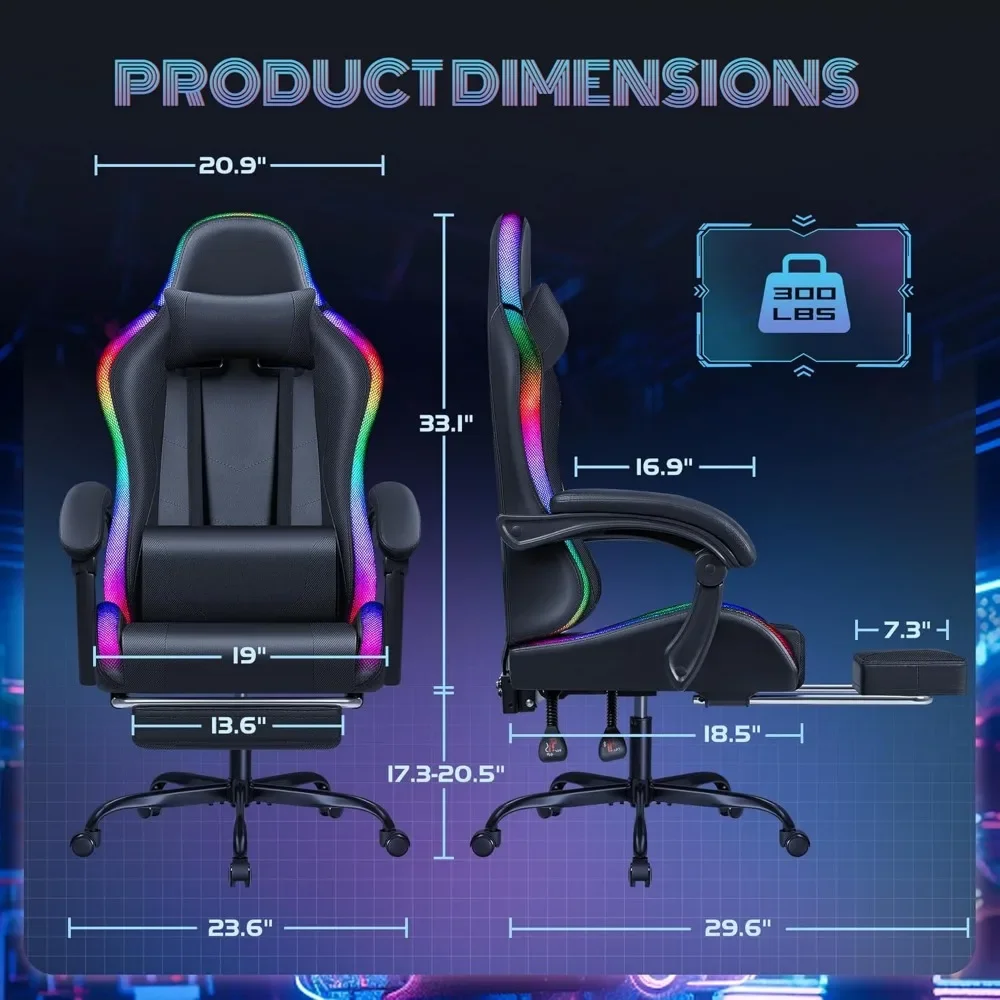 Gaming Chair with RGB LED Lights, Video Game Chair with Footrest and Massage Lumbar Support, High Back Reclining