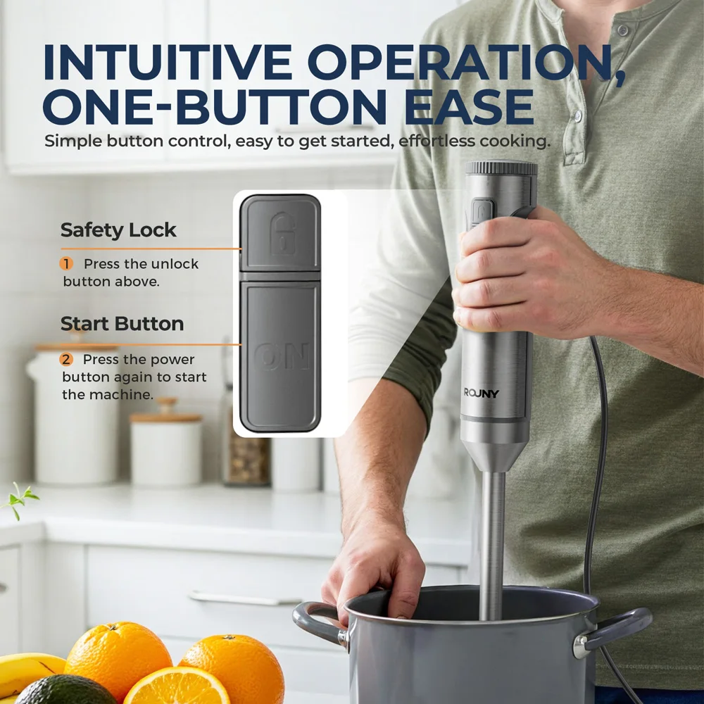 Frullatore ad immersione manuale Potente 4 in 1, robot da cucina con bastoncino in acciaio inossidabile, vaso di miscelazione da 700 ml, processore da 500 ml, frusta