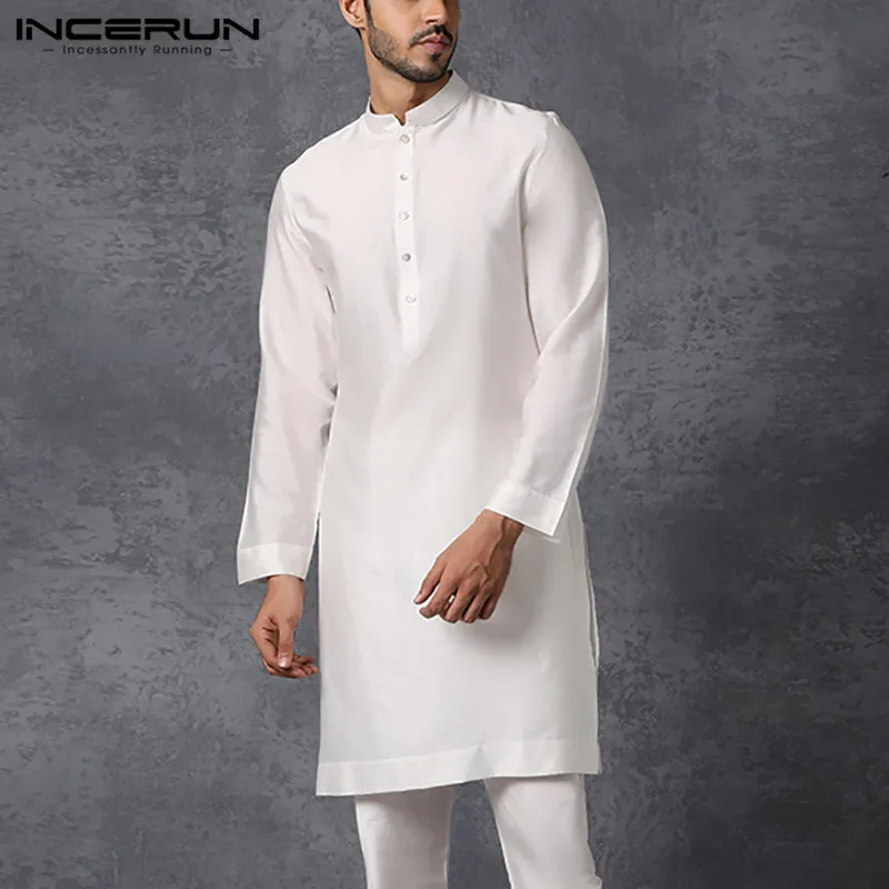 Incerun-男性用ムスリムシャツ,長袖,イスラム教徒の襟,無地,ストリートウェアカジュアル,5xl