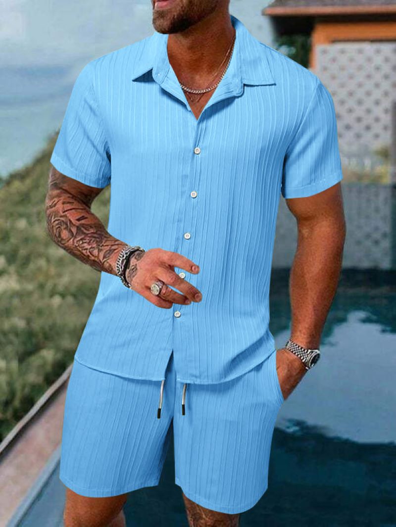 Traje de playa para hombre, pantalones cortos de manga corta de color sólido a rayas, camisa deportiva informal, transpirable, ligero, ropa de hombre de alta calidad ins