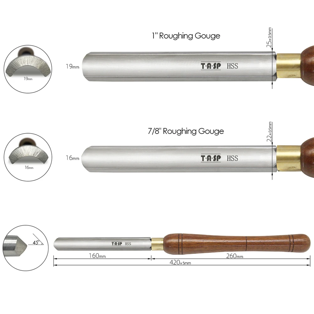 TASP Spindle Roughing Gouge HSS Woodturning Tools Woodworking Lathe Turning Chisels with Walnut Handle 50mm, 25mm, 22mm