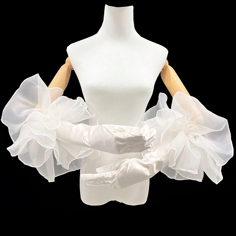 女性用ロングベルベットグローブ、特大、オーガンザ、フリル、ソリッド、ブライダル、結婚披露宴ドレス、エチケットグローブ、ハンドスリーブ、55cm