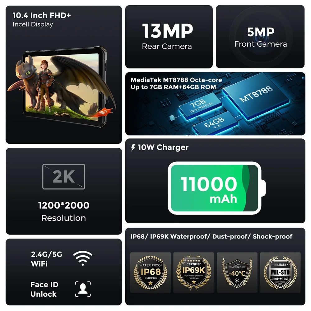 Fossibot DT1 Lite, แท็บเล็ตที่ทนทาน, Android 13,10.4 ''2K-หน้าจอขนาดใหญ่, 4GB RAM 64GB RAM, แบตเตอรี่ 11000mAh, สี่แผ่นลําโพง Hi-Res