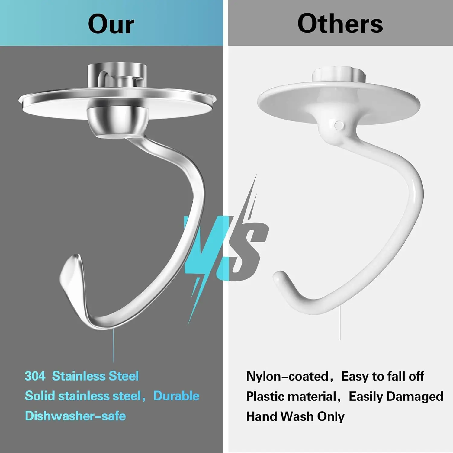 Gancho para masa de acero inoxidable adecuado para batidoras con cabezal inclinable Kitchenaid 4,5-5QT, accesorios de repuesto, pulido