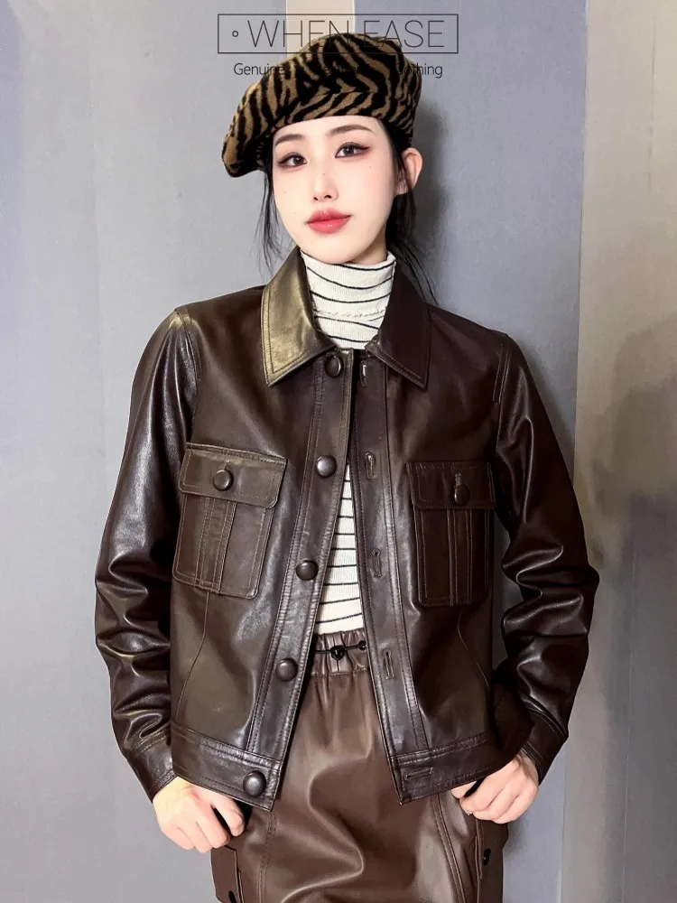 Vintage Frauen Slim Fit Echt Schaffell Mantel Einreiher Revers Kragen Punk Stil Echtes Leder Jacke Herbst Casual Outwear