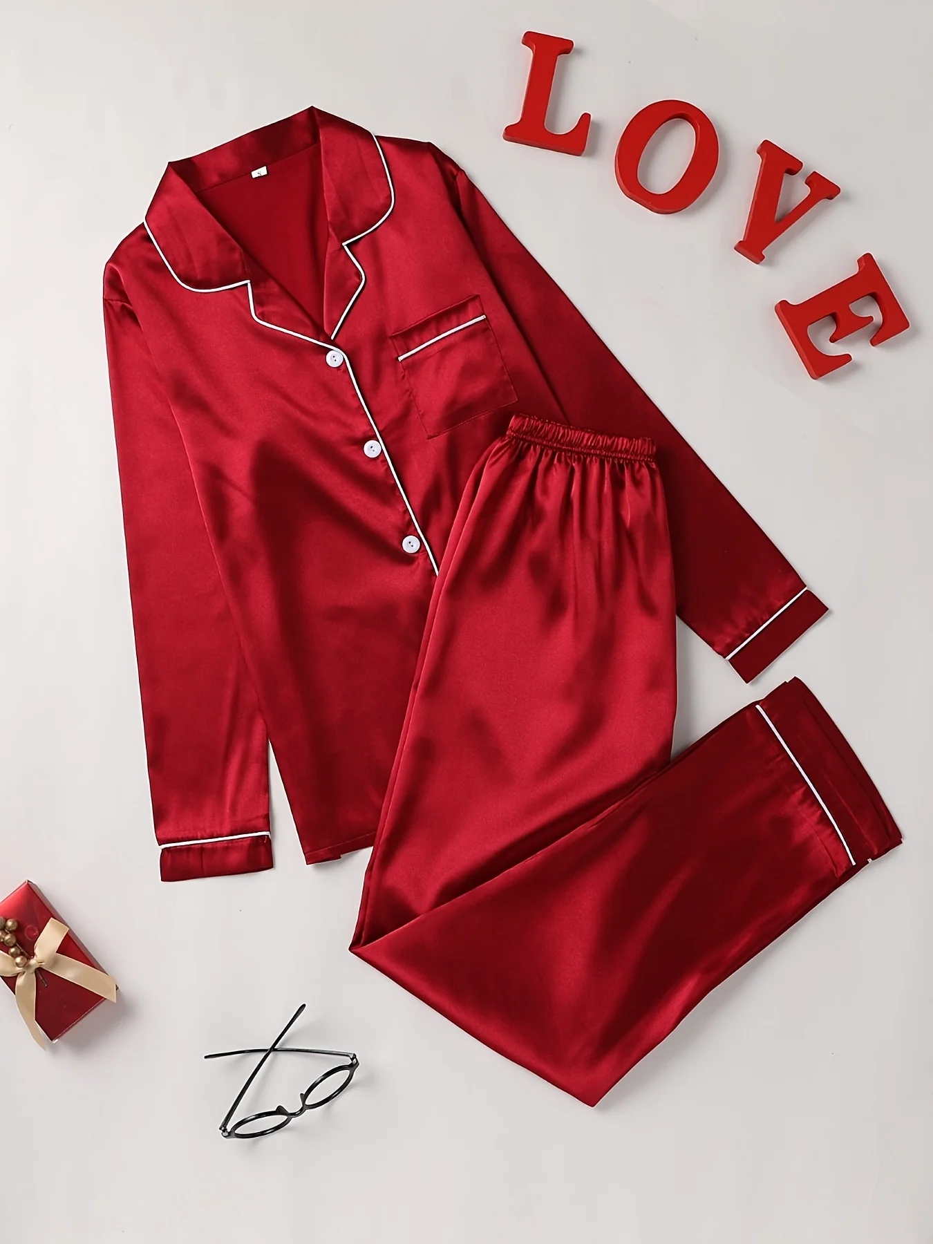 Conjunto de pijama sólido manga comprida com botão e lapela e calças Conjunto de pijama feminino e loungewear