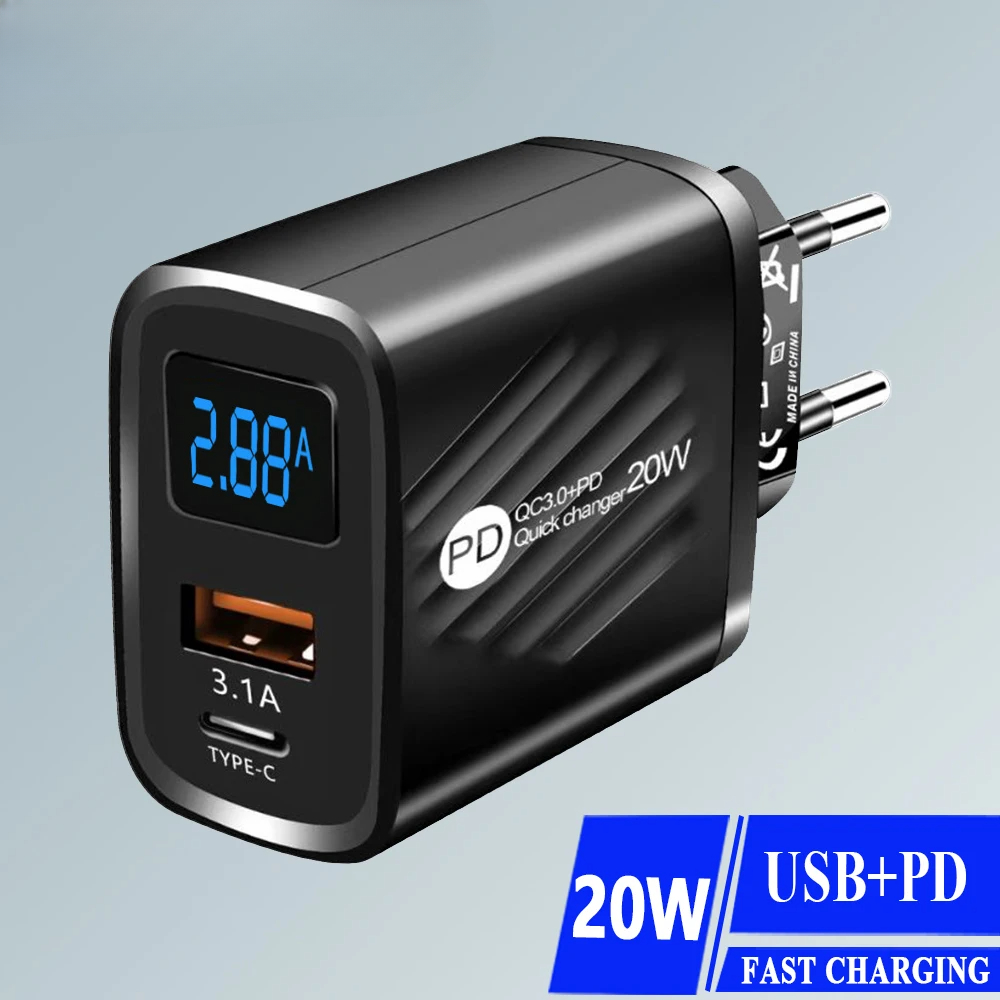 PD 20W USB C Charger with Digital Display Fast Charging Mobile Phone Multi Ports Wall Adapter for IPhone 14 15 Xiaomi Samsung