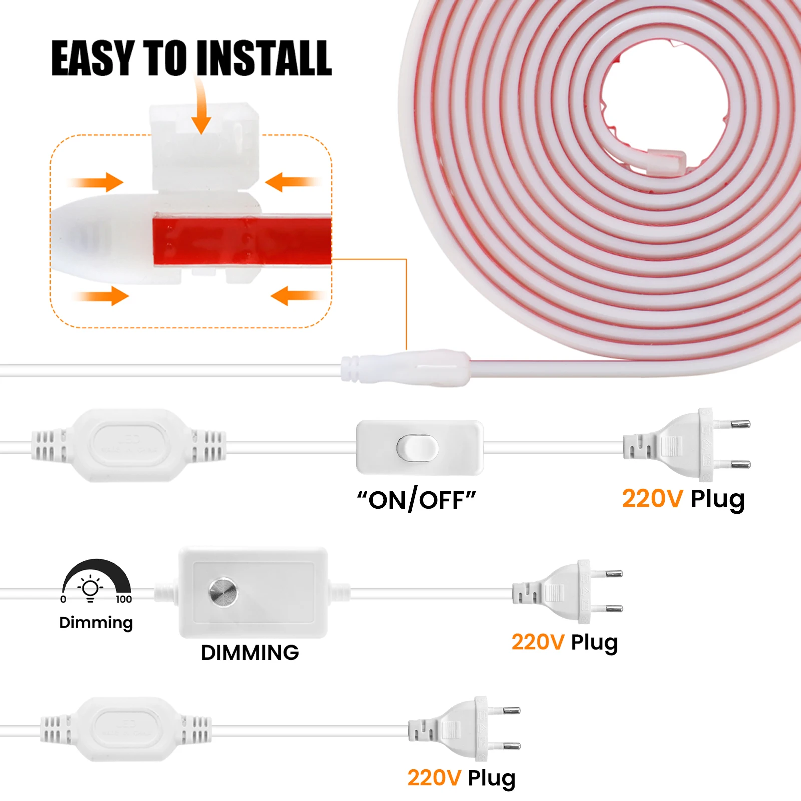 220V 230V COB LED Strip EU/UK Power Plug With Switch/Dimmer Plug For 10MM Width COB LED Strip Light