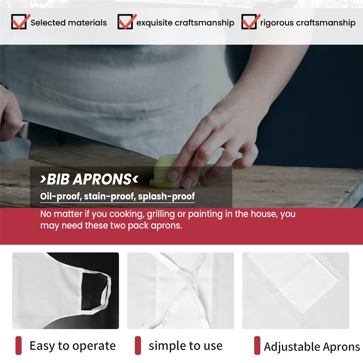 調節可能なキッチンビブエプロン、2つのポケット、女性と男性用のシェフエプロン、白、4パック