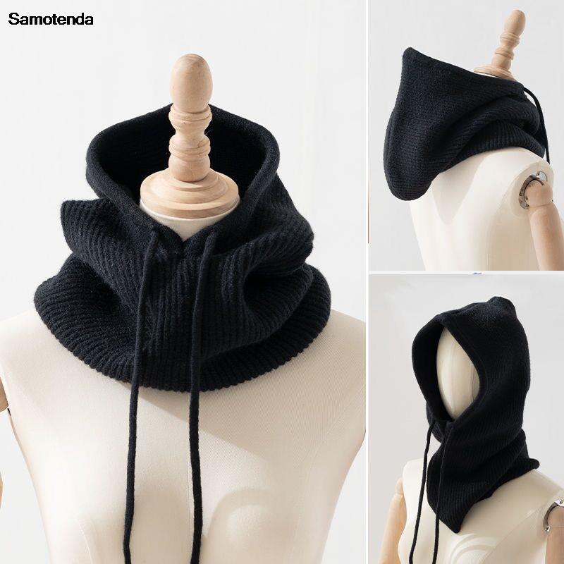 2023 유니섹스 니트 헤드 후드 가짜 캐시미어 후드 넥 칼라 캡 헤드 Drawstring 두꺼운 비니 남성 여성 조절 가능한 탄성 모자