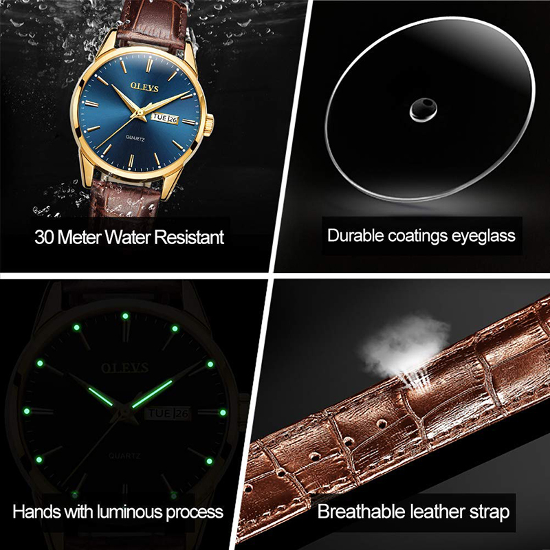 OLEVS, relojes de cuarzo para hombre, marca de lujo, moda informal, reloj para hombre para regalos, reloj de pulsera luminoso resistente al agua de cuero transpirable