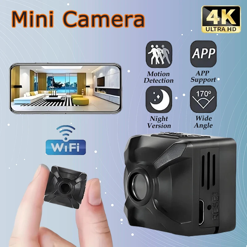 Mini cámara inalámbrica 4K, Monitor de detección de movimiento, WiFi, IP/AP, vigilancia remota recargable para el hogar con batería de larga duración