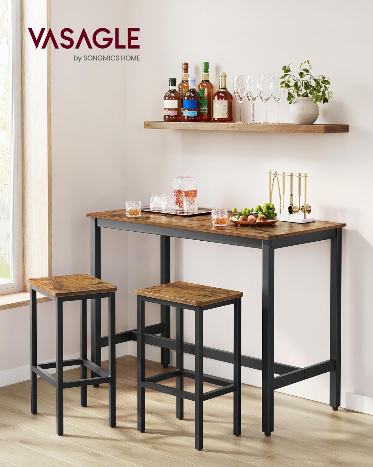 Juego 2,Mesa taburetes, cafetería sillas Bar, para Cocina, Sala Estar,Comedor, Madera ingeniería Aleación Acero,120 x 60 x 90 cm
