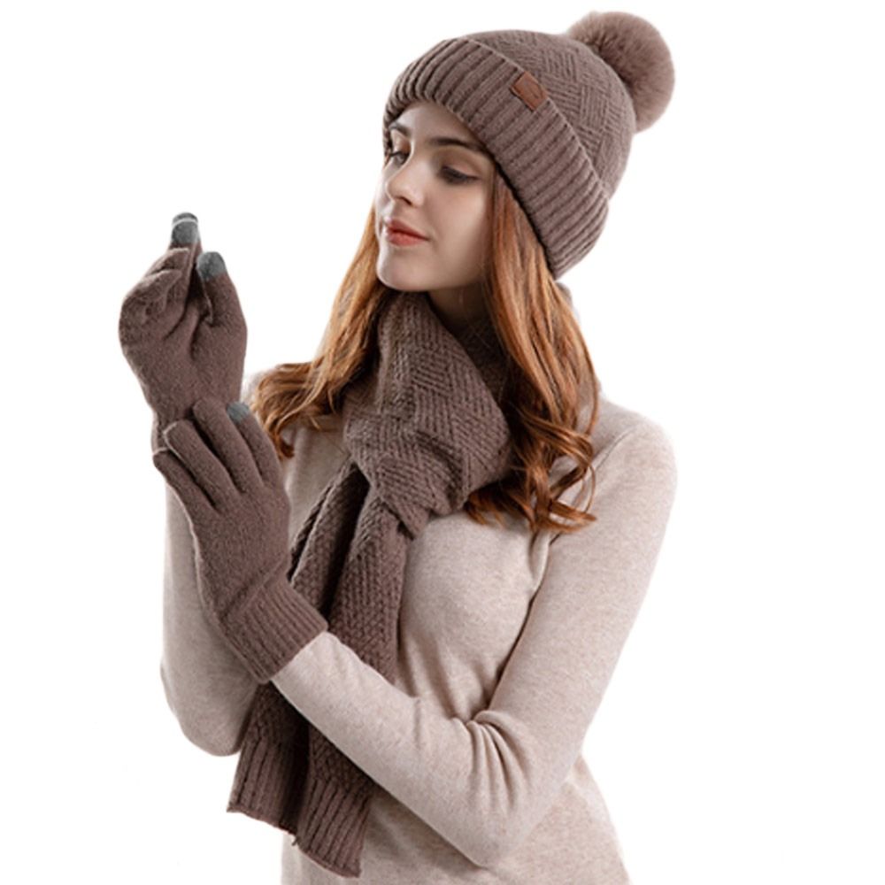 3Pcs/Set Winter Touchscreen Knitted Hat Neck Protection Warm Scarf Gloves Set Windproof Outdoor Beanies Hat Men Women