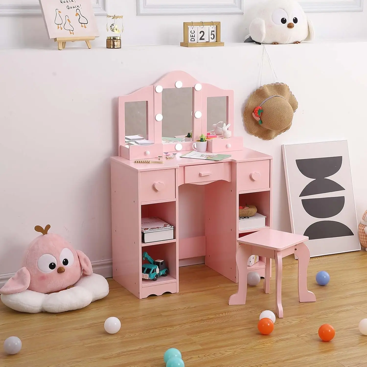 Toeletta per bambini Vanity per ragazze con specchio triplo pieghevole Scaffali aperti Set da gioco per trucco con sedia per bambini piccoli