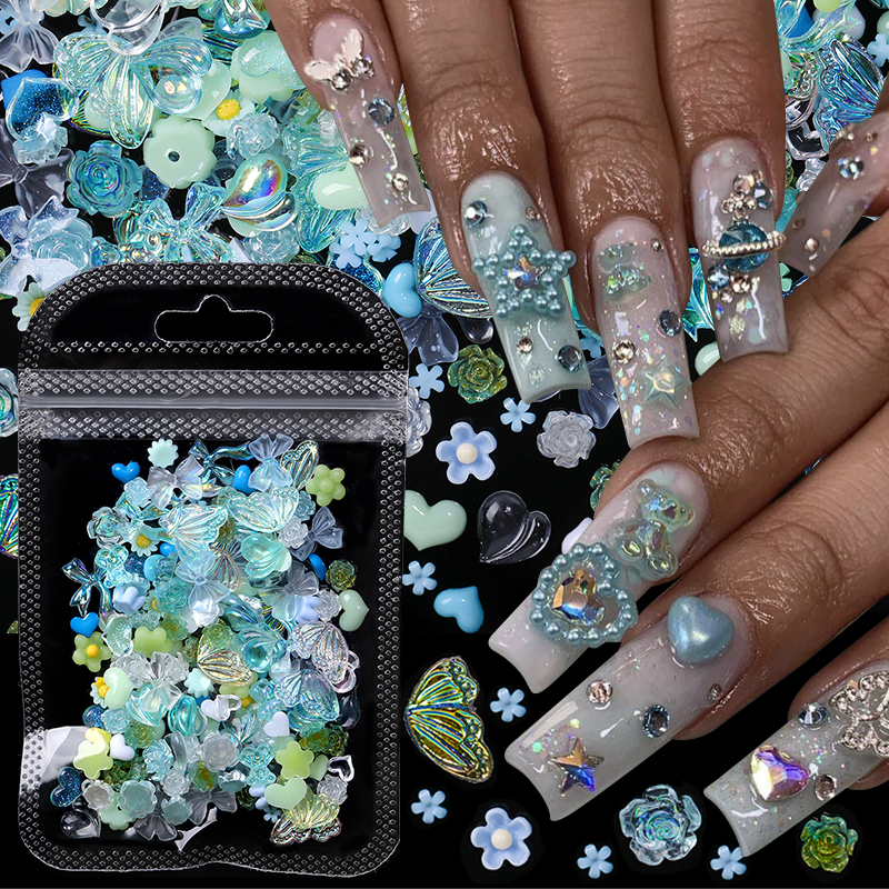 100 Uds. De decoraciones de uñas mixtas en forma de corazón con lazo rosa perla, dijes Kawaii para decoración de uñas, accesorios para uñas DIY con forma de estrella y mariposa