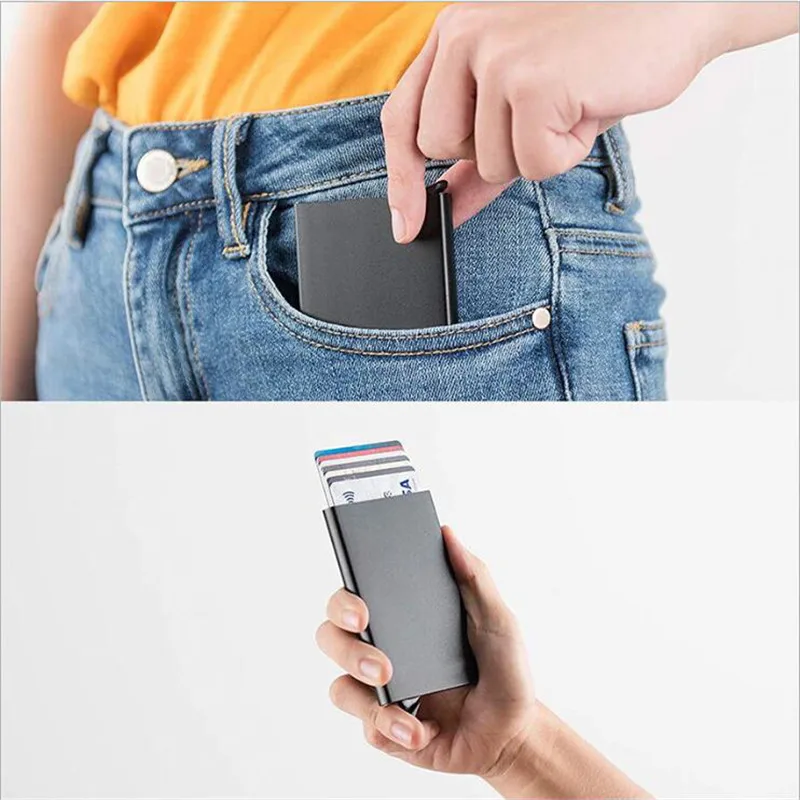 Rfid Creditcardhouder Metaal Dun Slanke Slimme Portemonnee Heren Dames Portefeuilles Pop-up Minimalistische Kleine Zwarte Portemonnee Mini Portefeuilles voor Heren